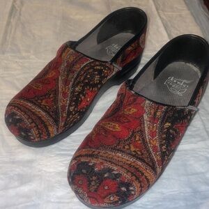 Dansko Red and Black Paisley Mules
